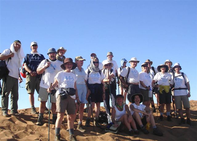 Happy trekers enjoy the sunshine and sand